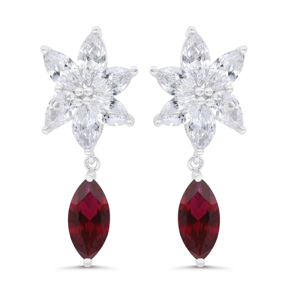 Sterling Silver 925 Earring Rhodium Plated Embedded With Ruby Corundum And White Zircon