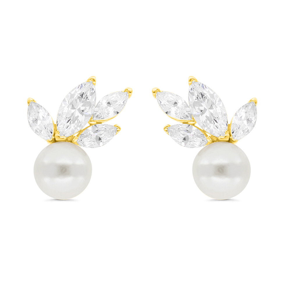 Sterling Silver 925 Earring Gold Plated Embedded With Shell White Pearl And White Zircon