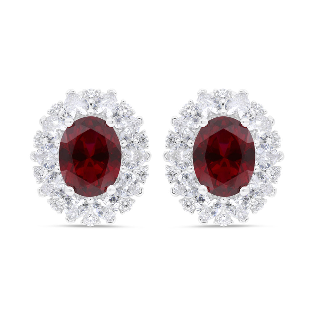 Sterling Silver 925 Earring Rhodium Plated Embedded With Ruby Corundum And White Zircon