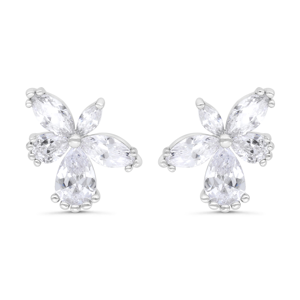 Sterling Silver 925 Earring Rhodium Plated Embedded With White Zircon