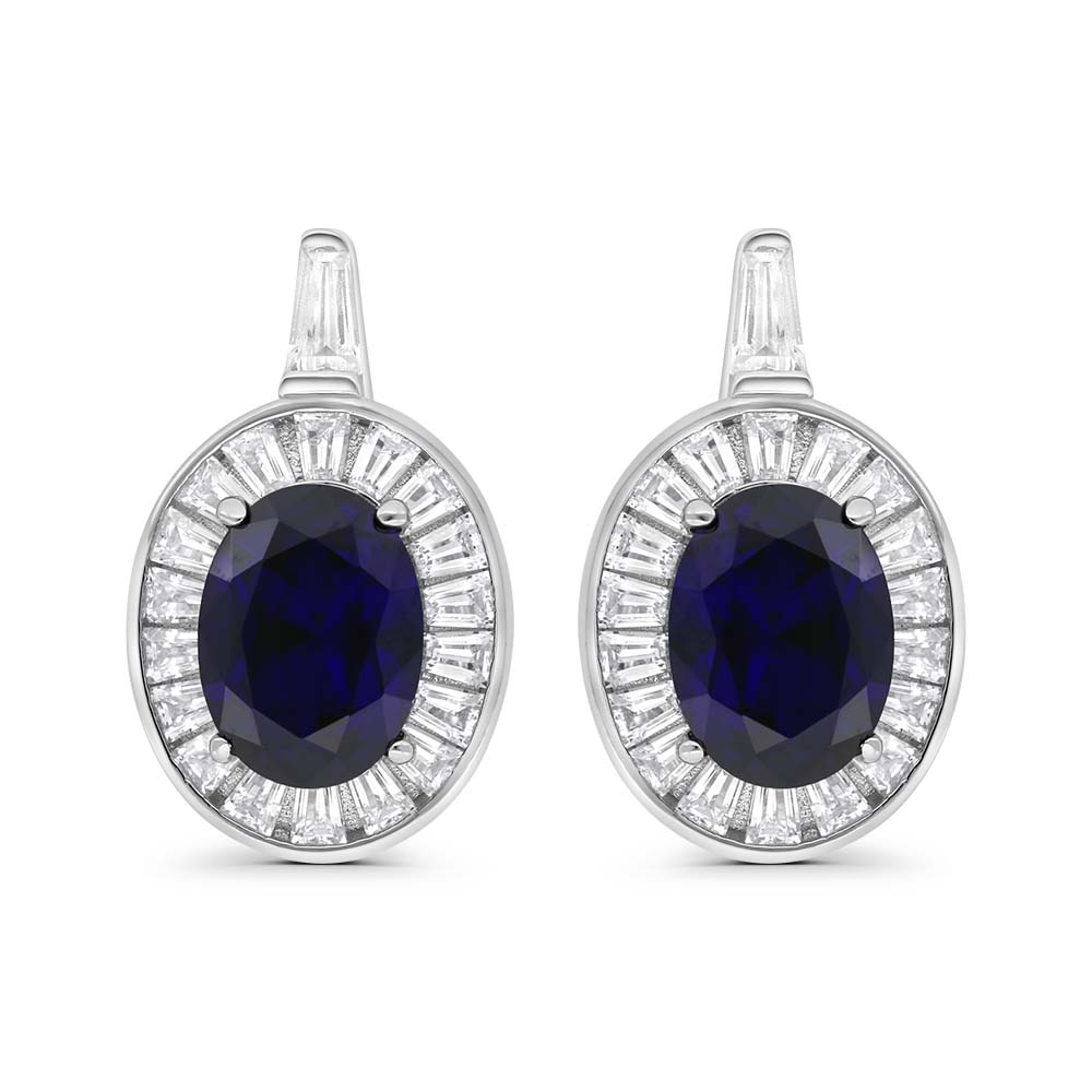 Sterling Silver 925 Earring Rhodium Plated Embedded With Sapphire Corundum And White Zircon