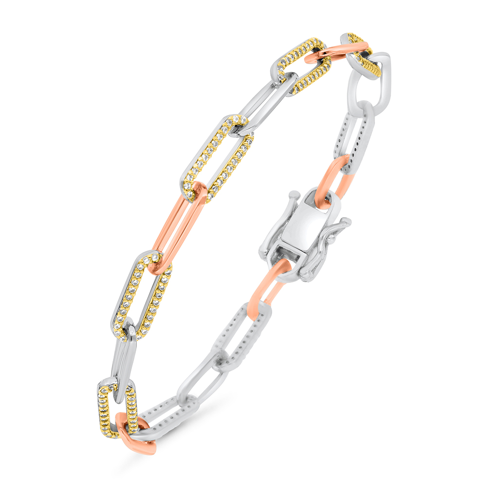 Sterling Silver 925 Bracelet Rhodium And Gold And Rose Gold Plated And White CZ
