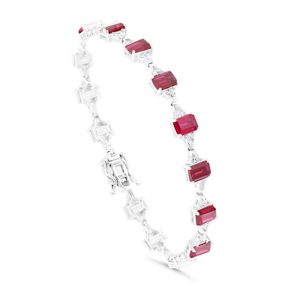 Sterling Silver 925 Bracelet Rhodium Plated Embedded With Ruby Corundum And White Zircon