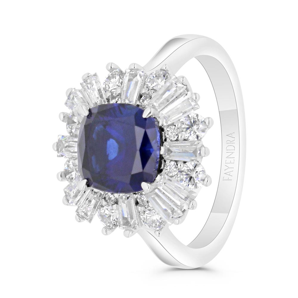 Sterling Silver 925 Ring Rhodium Plated Embedded With Sapphire Corundum And White Zircon