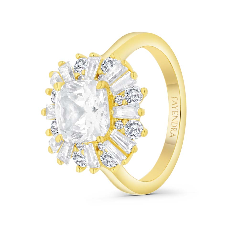 Sterling Silver 925 Ring  Gold Plated Embedded With Yellow Zircon And White Zircon