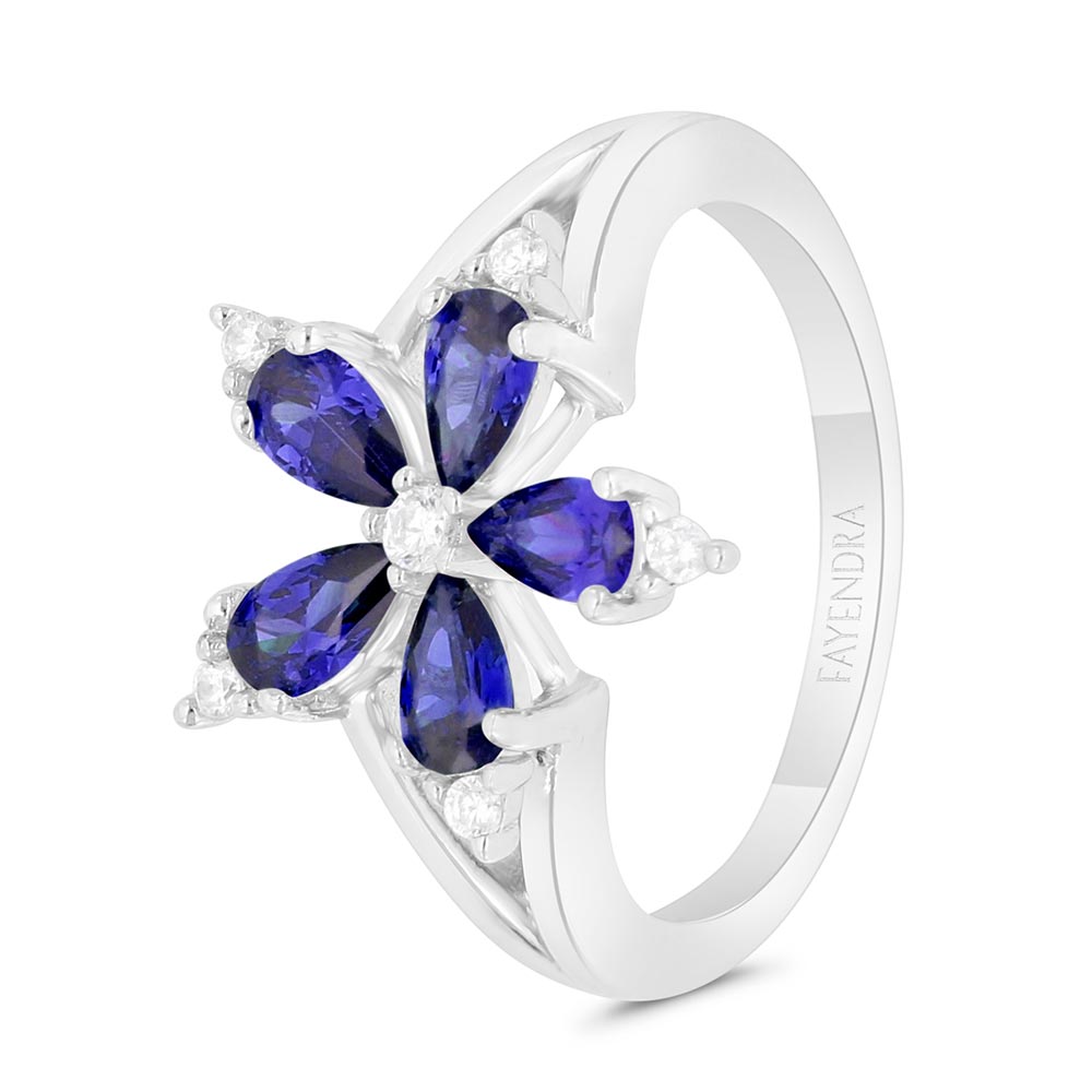 Sterling Silver 925 Ring Rhodium Plated Embedded With Sapphire Corundum And White Zircon