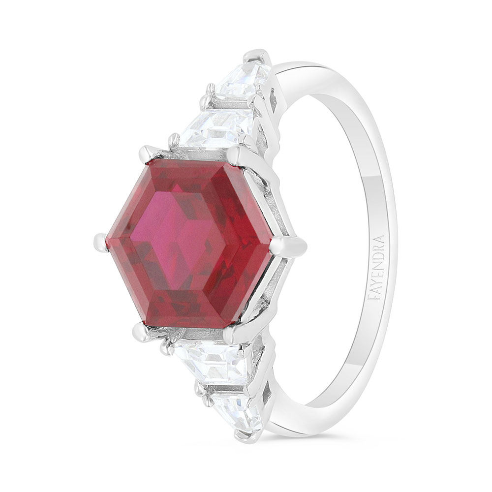 Sterling Silver 925 Ring Rhodium Plated Embedded With Ruby Corundum And White Zircon