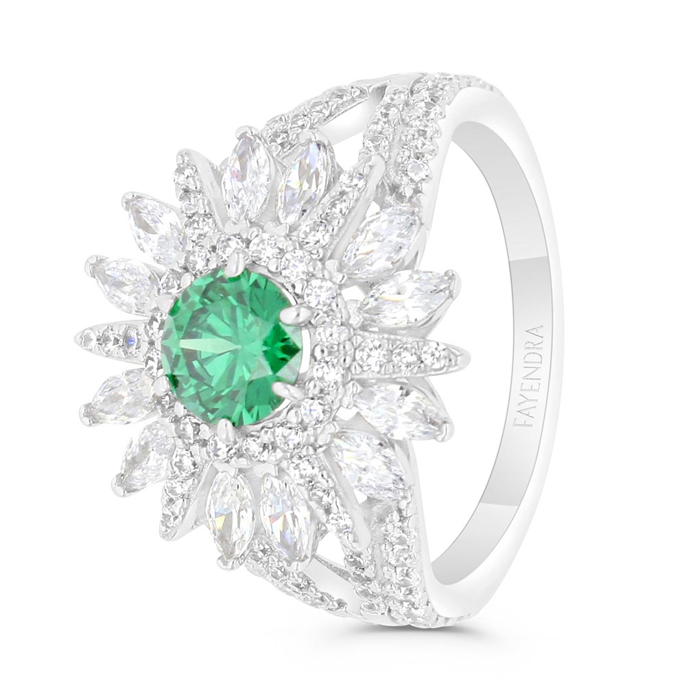 Sterling Silver 925 Ring Rhodium Plated Embedded With Emerald Zircon And White Zircon