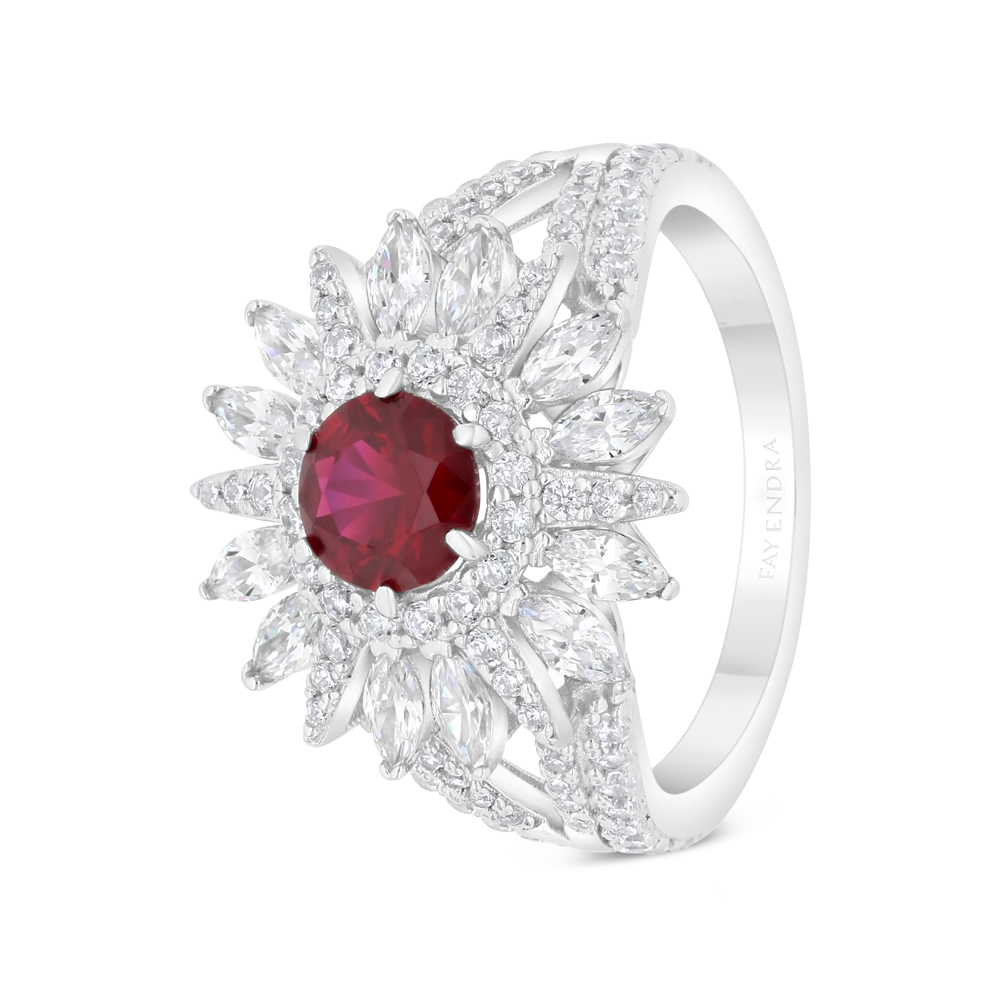 Sterling Silver 925 Ring Rhodium Plated Embedded With Ruby Corundum And White Zircon