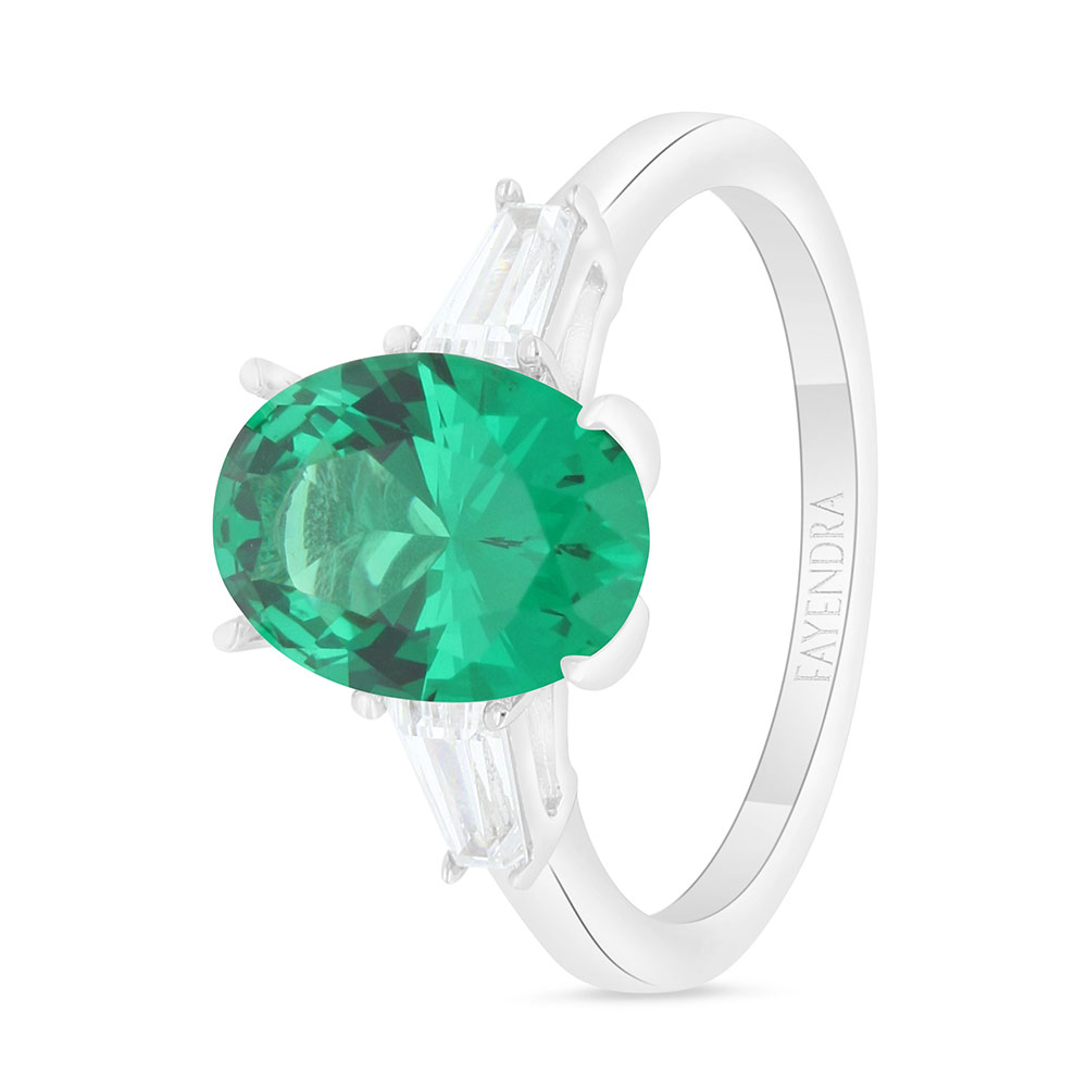 Sterling Silver 925 Ring Rhodium Plated Embedded With Emerald Zircon And White Zircon