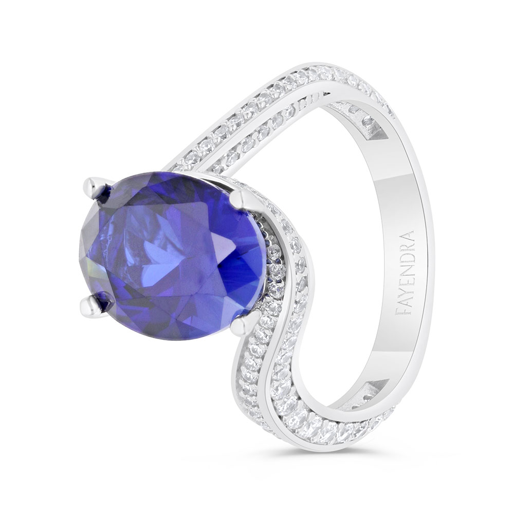 Sterling Silver 925 Ring Rhodium Plated Embedded With Sapphire Corundum And White Zircon