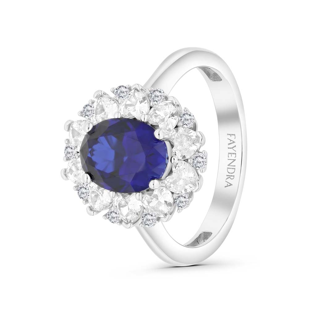 Sterling Silver 925 Ring  Rhodium Plated Embedded With Sapphire Corundum And White Zircon