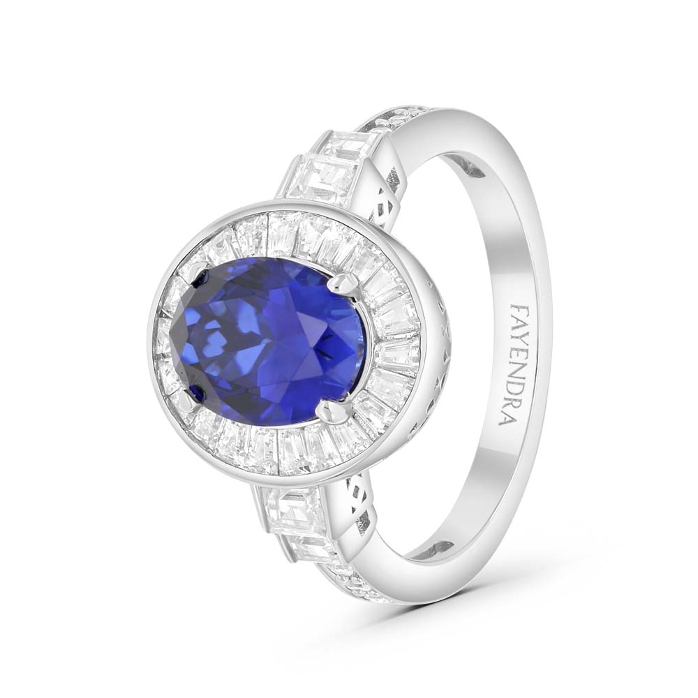 Sterling Silver 925 Ring  Rhodium Plated Embedded With Sapphire Corundum And White Zircon