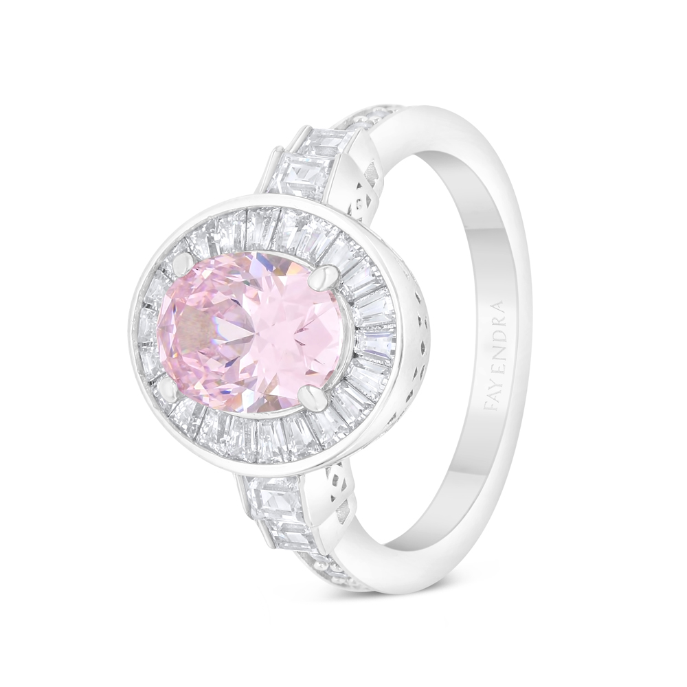 Sterling Silver 925 Ring Rhodium Plated Embedded With Pink Zircon And White Zircon