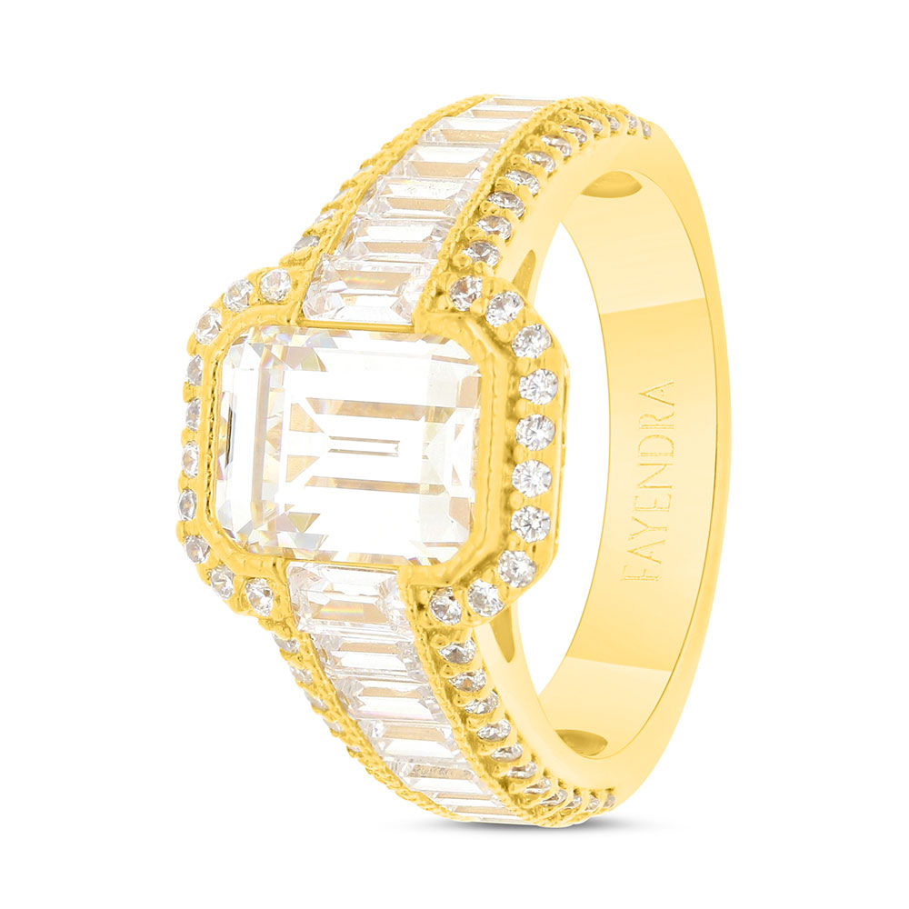 Sterling Silver 925 Ring Gold Plated Embedded With Yellow Zircon And White Zircon