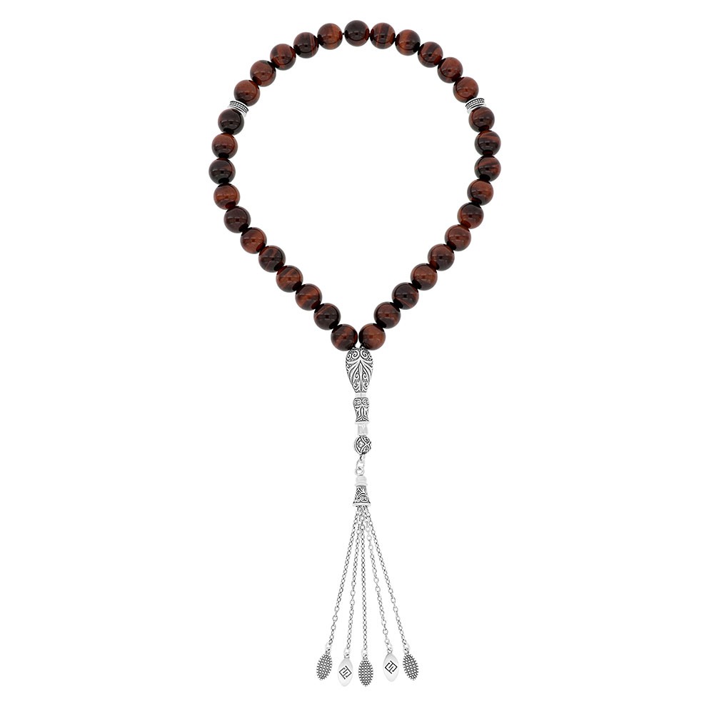 Rosary 33 Sterling Silver 925  Set Oxidized Embedded With Red Tiger Eye 10 ML LOGO