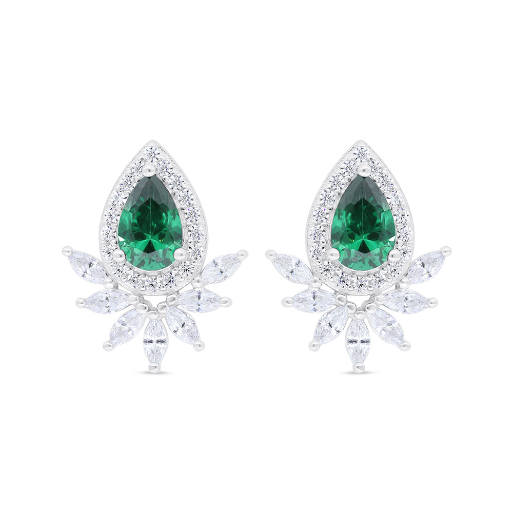 Sterling Silver 925 Earring Rhodium Plated Embedded With Emerald Zircon And White Zircon