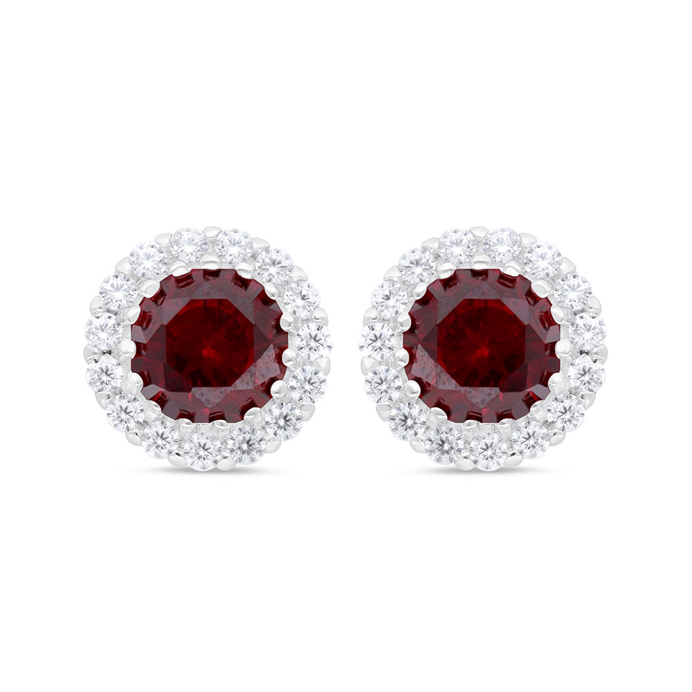 Sterling Silver 925 Earring  Rhodium Plated Embedded With Ruby Corundum And White Zircon