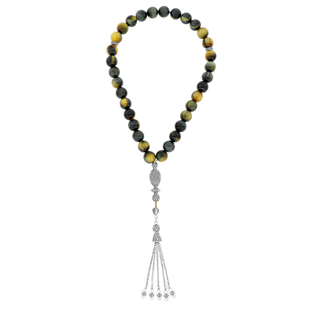 Rosary 33 Sterling Silver 925 Set Oxidized  Embedded With Tiger Eye Dreamy Bead 12 ML LOGO