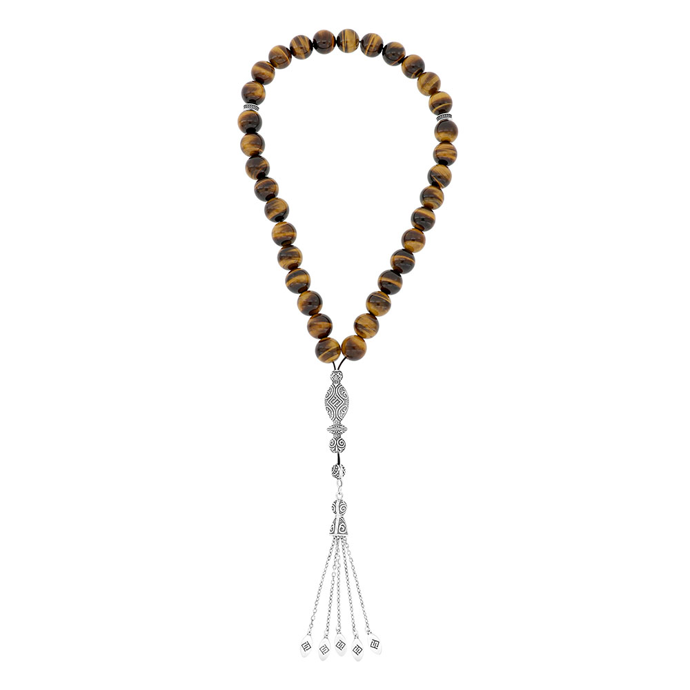 Rosary 33 Sterling Silver 925 Set Oxidized Embedded With Yellow Tiger Eye Bead 12 ML LOGO