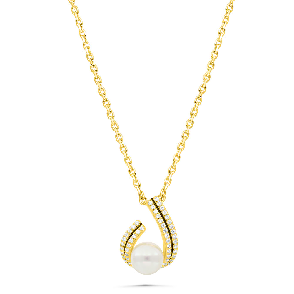 Sterling Silver 925 Necklace Gold Plated Embedded With White Shell Pearl And White Zircon And Black