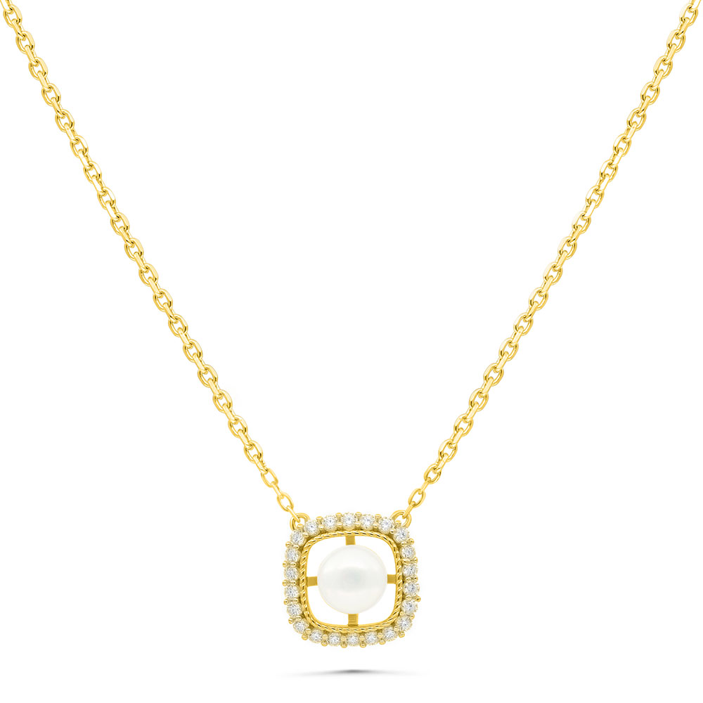 Sterling Silver 925 Necklace Gold Plated Embedded With White Shell Pearl And White Zircon