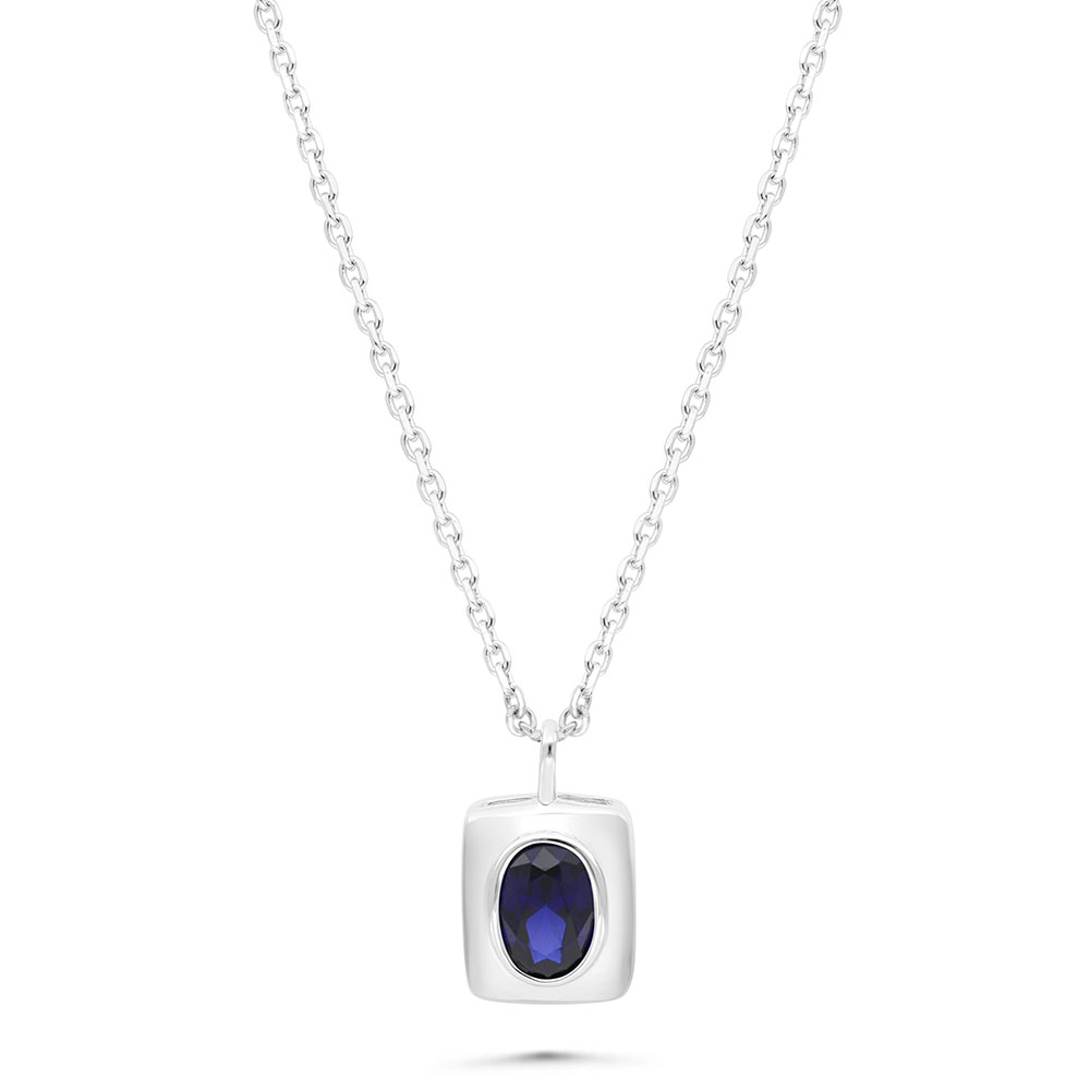 Sterling Silver 925 Necklace Rhodium Plated Embedded With Sapphire Corundum
