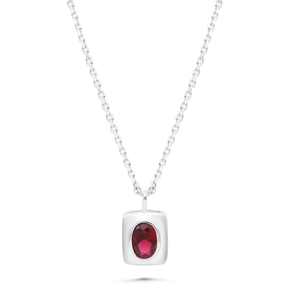 Sterling Silver 925 Necklace Rhodium Plated Embedded With Ruby Corundum