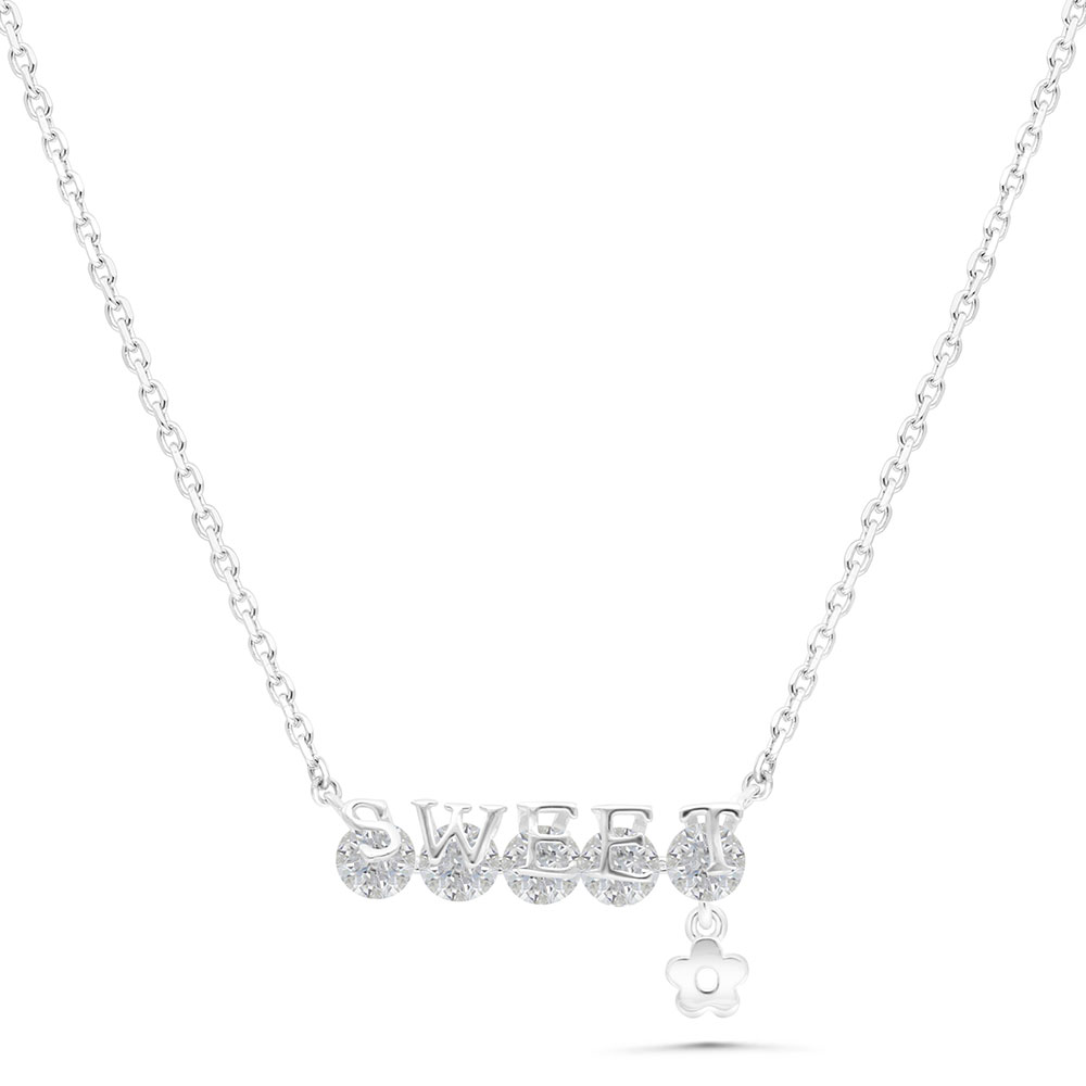 Sterling Silver 925 Necklace Rhodium Plated Embedded With White Zircon