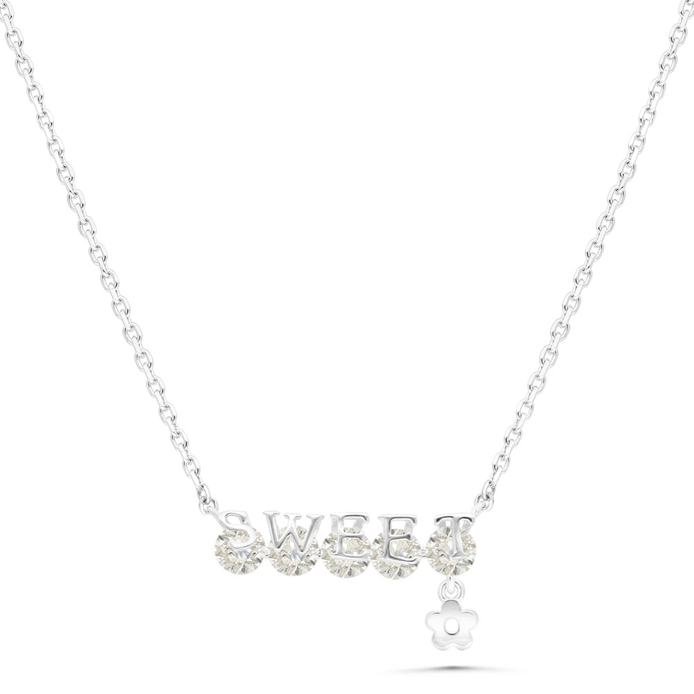 Sterling Silver 925 Necklace Rhodium Plated Embedded With Yellow Zircon And White Zircon