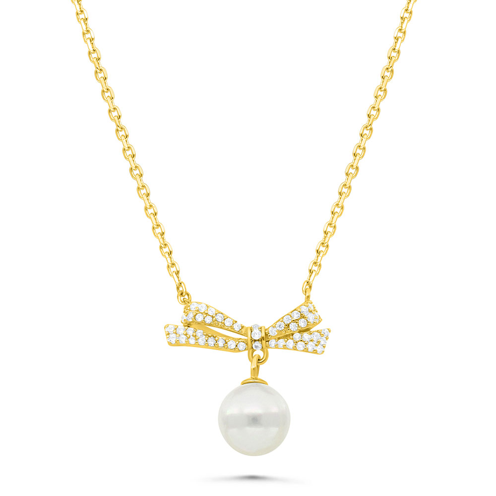 Sterling Silver 925 Necklace Gold Plated Embedded With White Shell Pearl And White Zircon