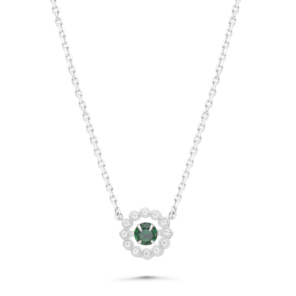 Sterling Silver 925 Necklace Rhodium Plated Embedded With Emerald Zircon And White Zircon