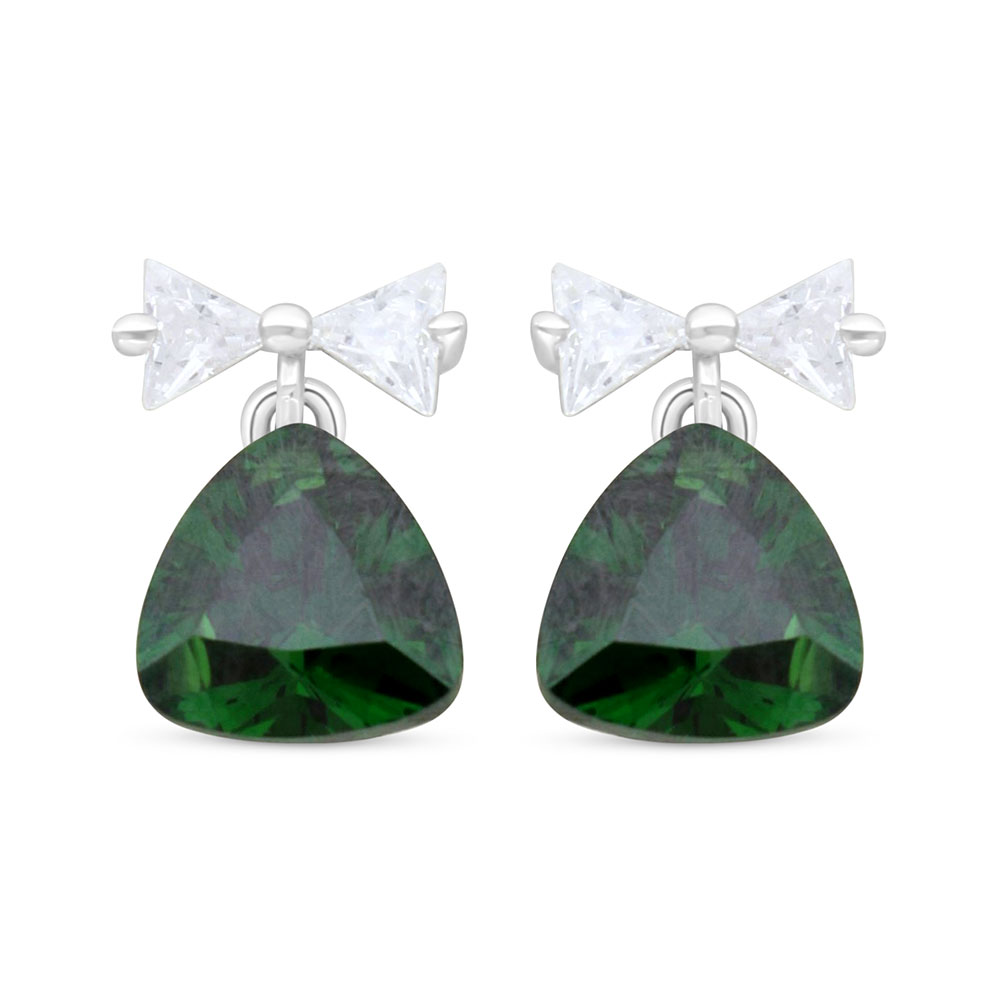 Sterling Silver 925 Earring Rhodium Plated Embedded With Emerald Zircon And White Zircon