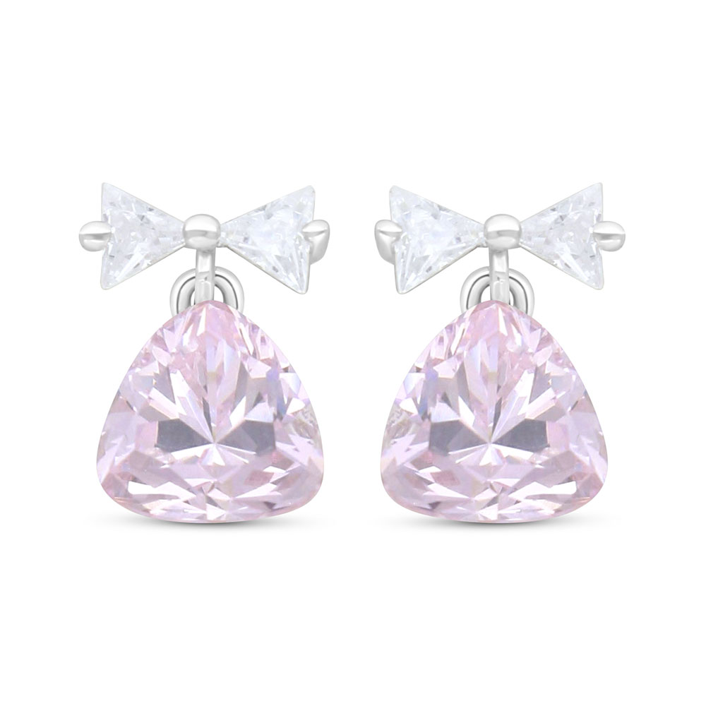 Sterling Silver 925 Earring Rhodium Plated Embedded With Pink Zircon And White Zircon