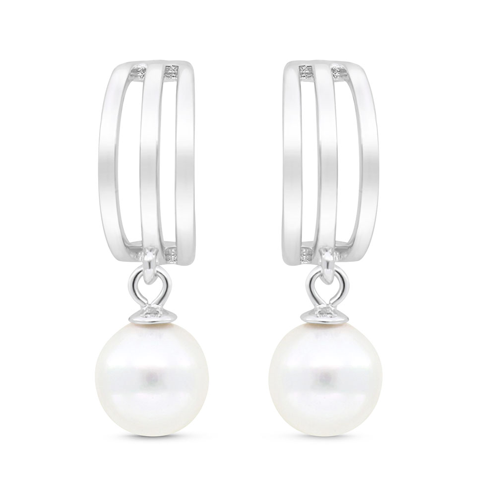 Sterling Silver 925 Earring Rhodium Plated Embedded With White Shell Pearl And White Zircon