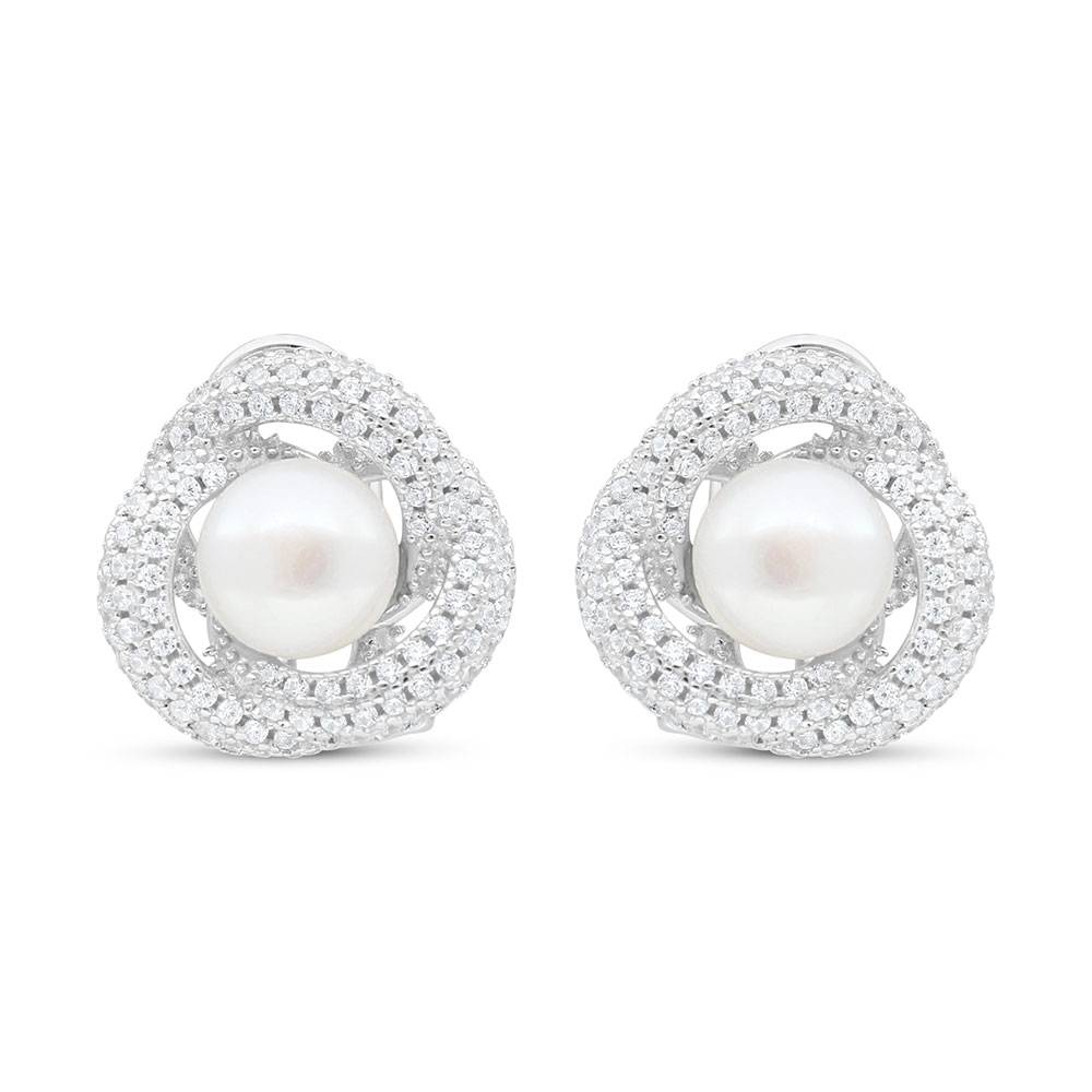 Sterling Silver 925 Earring Rhodium Plated Embedded With White Shell Pearl And White Zircon