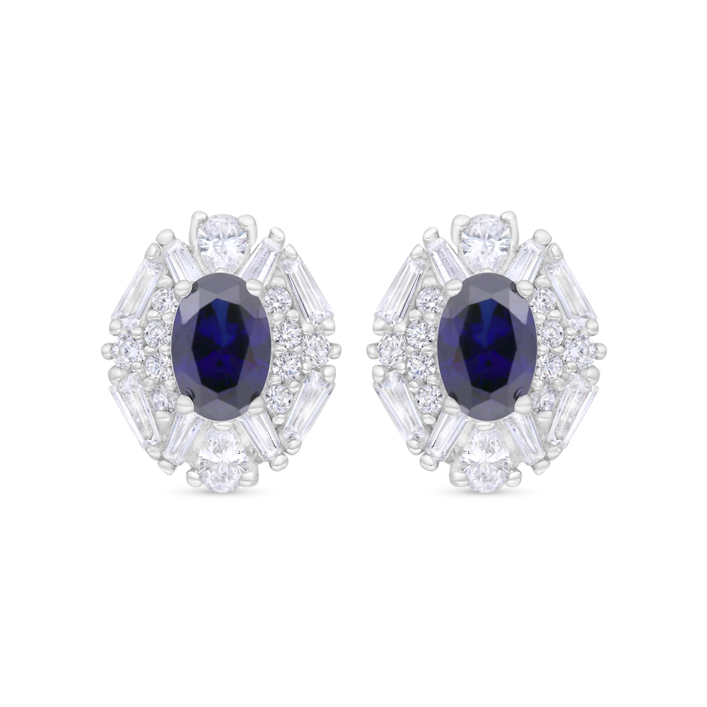 Sterling Silver 925 Earring Rhodium Plated Embedded With Sapphire Corundum And White Zircon