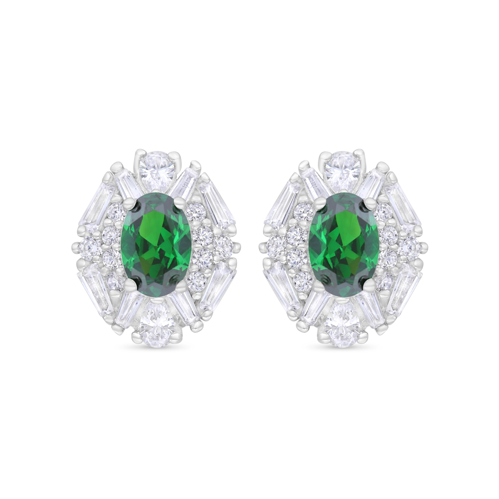 Sterling Silver 925 Earring Rhodium Plated Embedded With Emerald Zircon 