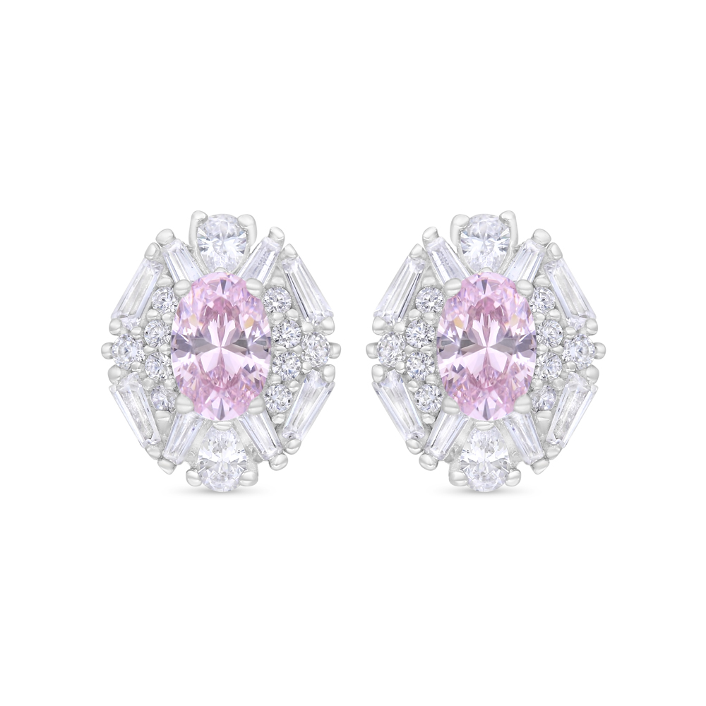 Sterling Silver 925 Earring Rhodium Plated Embedded With Pink Zircon And White Zircon