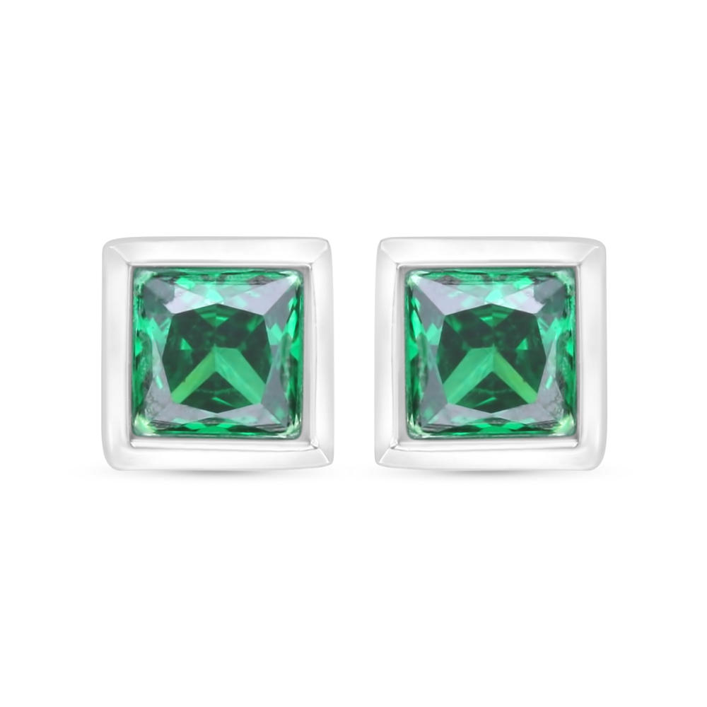 Sterling Silver 925 Earring Rhodium Plated Embedded With Emerald Zircon 