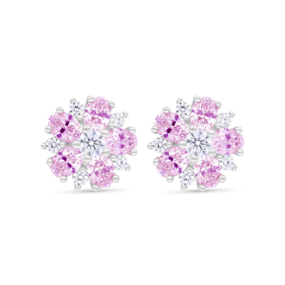 Sterling Silver 925 Earring Rhodium Plated Embedded With Pink Zircon And White Zircon