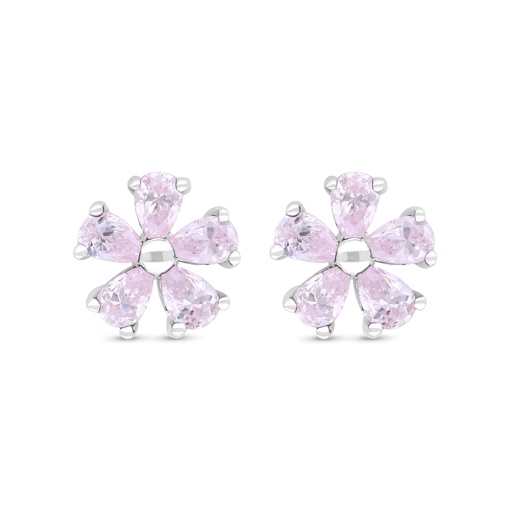 Sterling Silver 925 Earring Rhodium Plated Embedded With Pink Zircon 