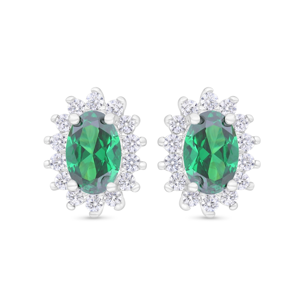 Sterling Silver 925 Earring Rhodium Plated Embedded With Emerald Zircon And White Zircon