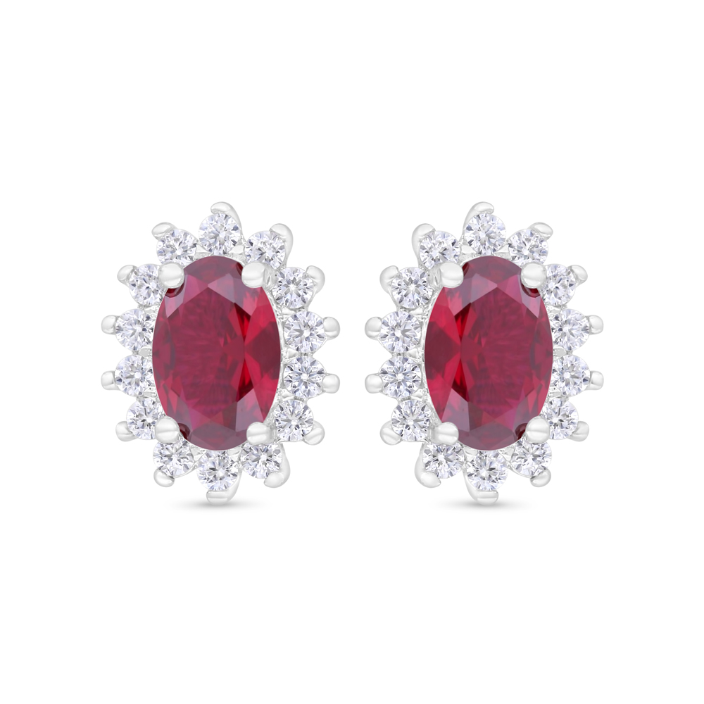 Sterling Silver 925 Earring Rhodium Plated Embedded With Ruby Corundum And White Zircon