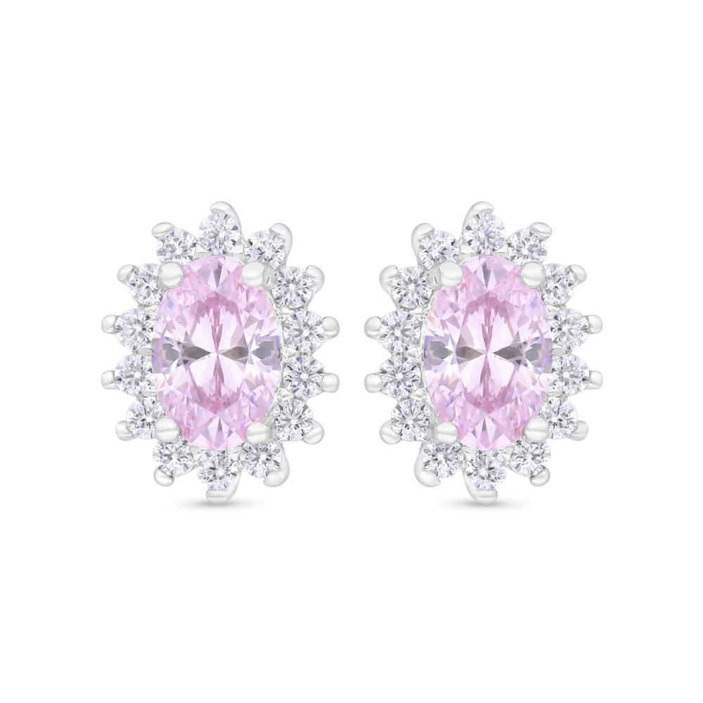 Sterling Silver 925 Earring Rhodium Plated Embedded With Pink Zircon And White Zircon