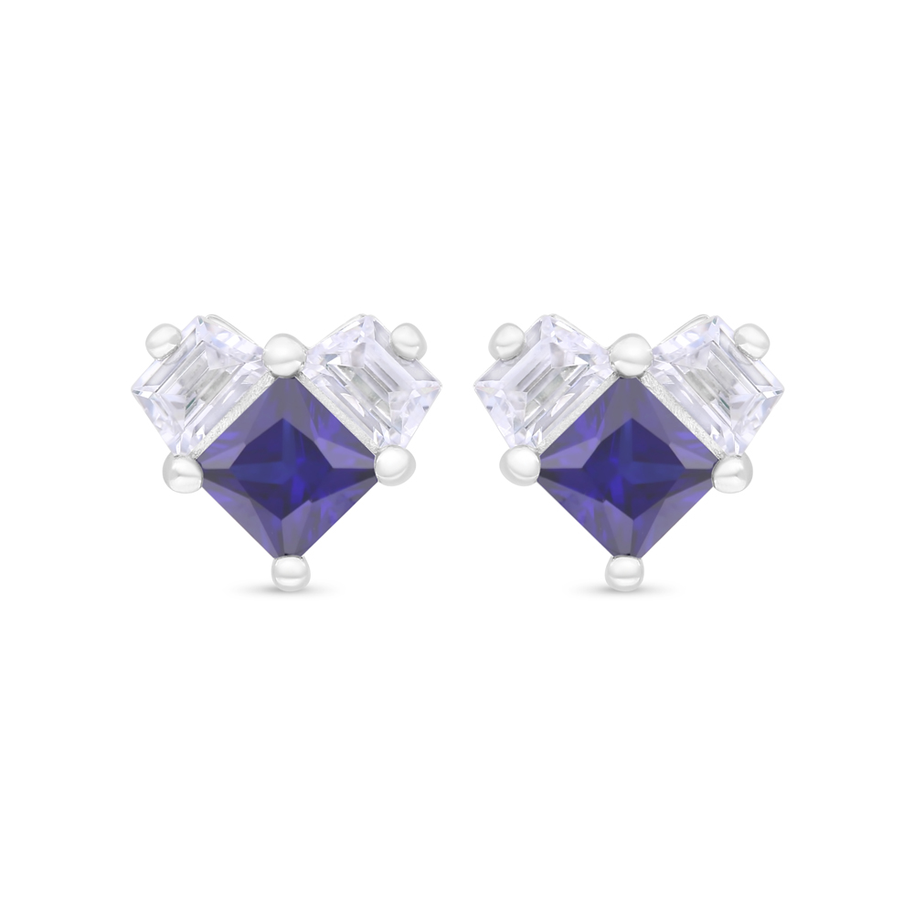 Sterling Silver 925 Earring Rhodium Plated Embedded With Sapphire Corundum And White Zircon