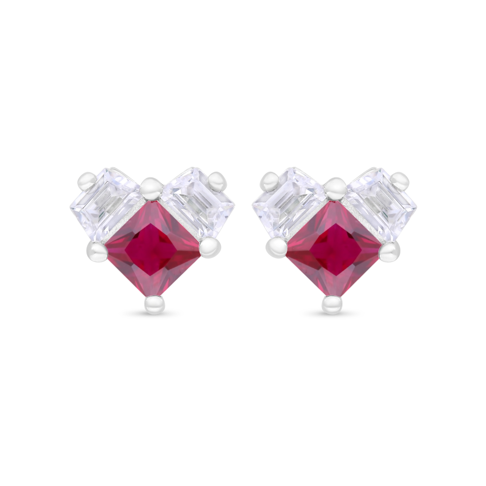 Sterling Silver 925 Earring Rhodium Plated Embedded With Ruby Corundum And White Zircon