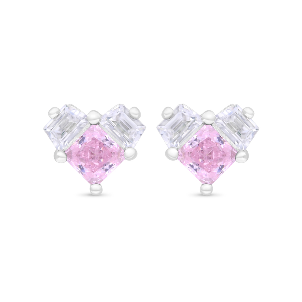 Sterling Silver 925 Earring Rhodium Plated Embedded With Pink Zircon And White Zircon