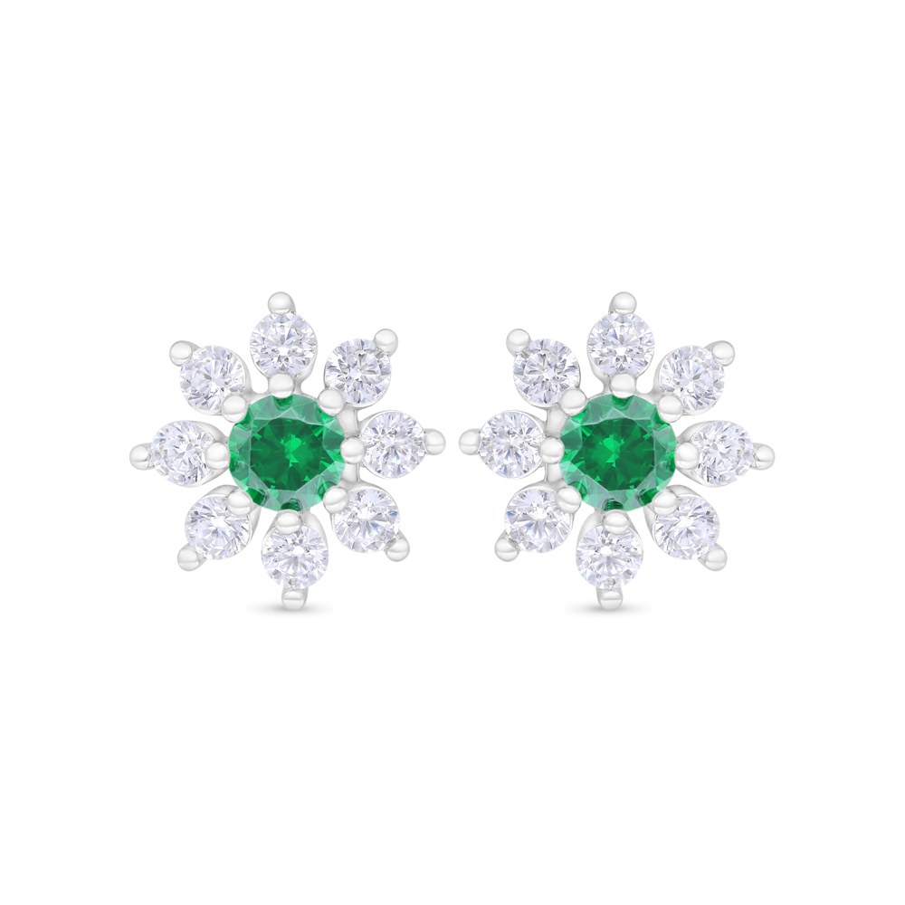 Sterling Silver 925 Earring Rhodium Plated Embedded With Emerald Zircon And White Zircon