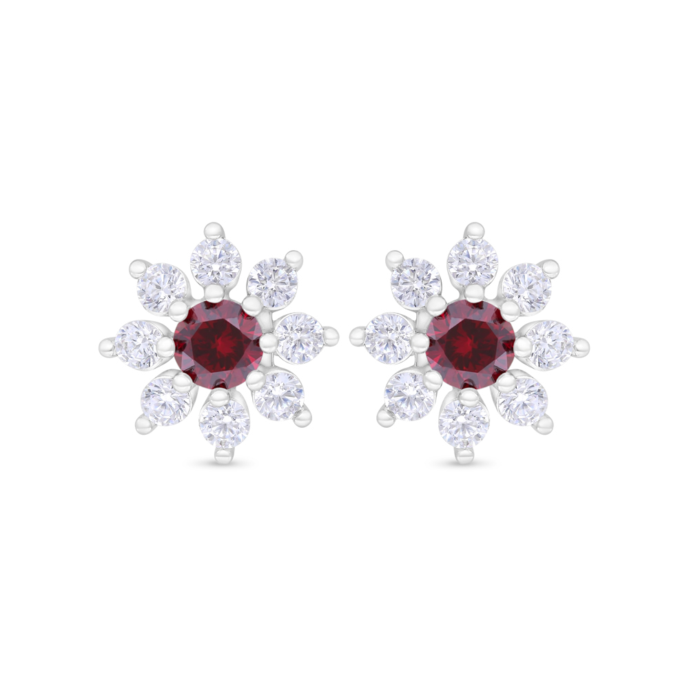 Sterling Silver 925 Earring Rhodium Plated Embedded With Ruby Corundum And White Zircon